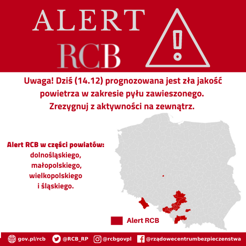 ALERT RCB - SMOG 14 grudnia – cześć powiatów w woj. śląskim, dolnośląskim, wielkopolskim i małopolskim.