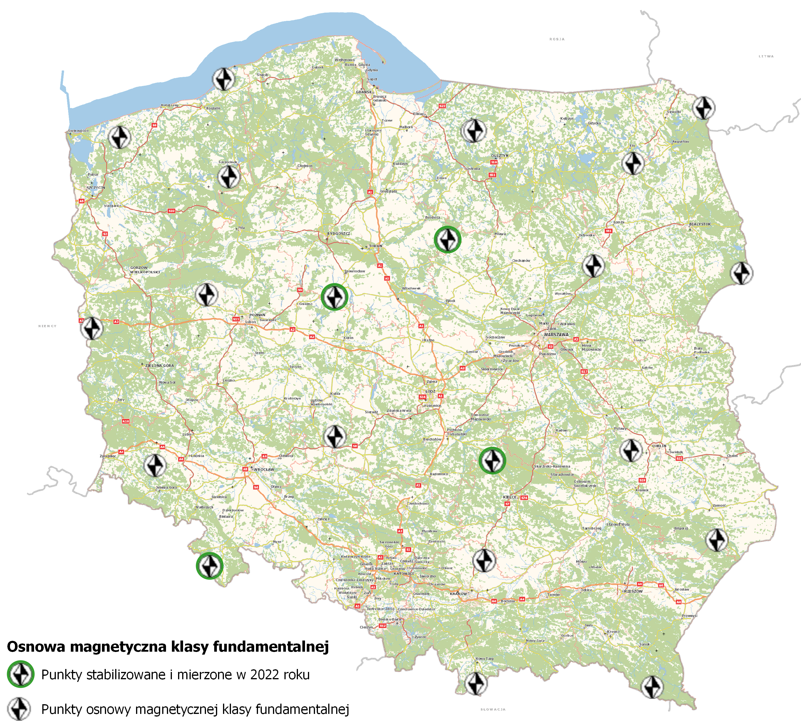 Ilustracja przedstawia mapę Polski z rozmieszczeniem punktów osnowy magnetycznej, z uwzględnieniem punktów nowych.