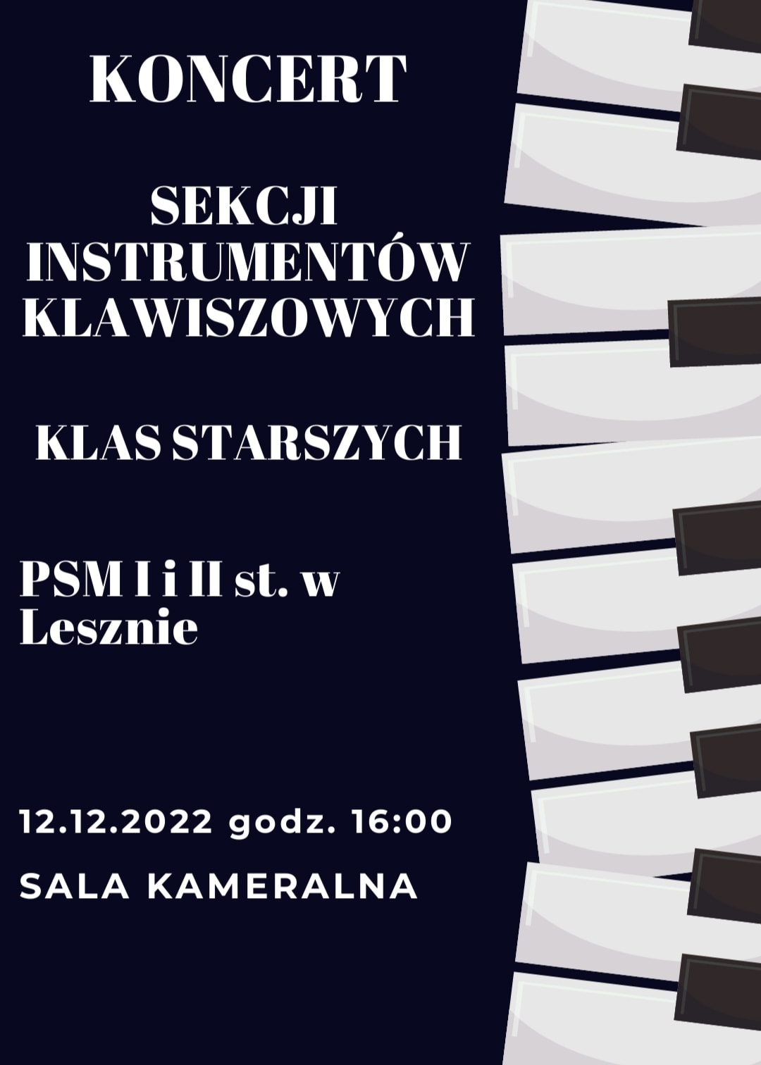 Plakat z granatowym tłem, białymi napisami oraz powyginaną klawiaturą fortepianową po prawej stronie