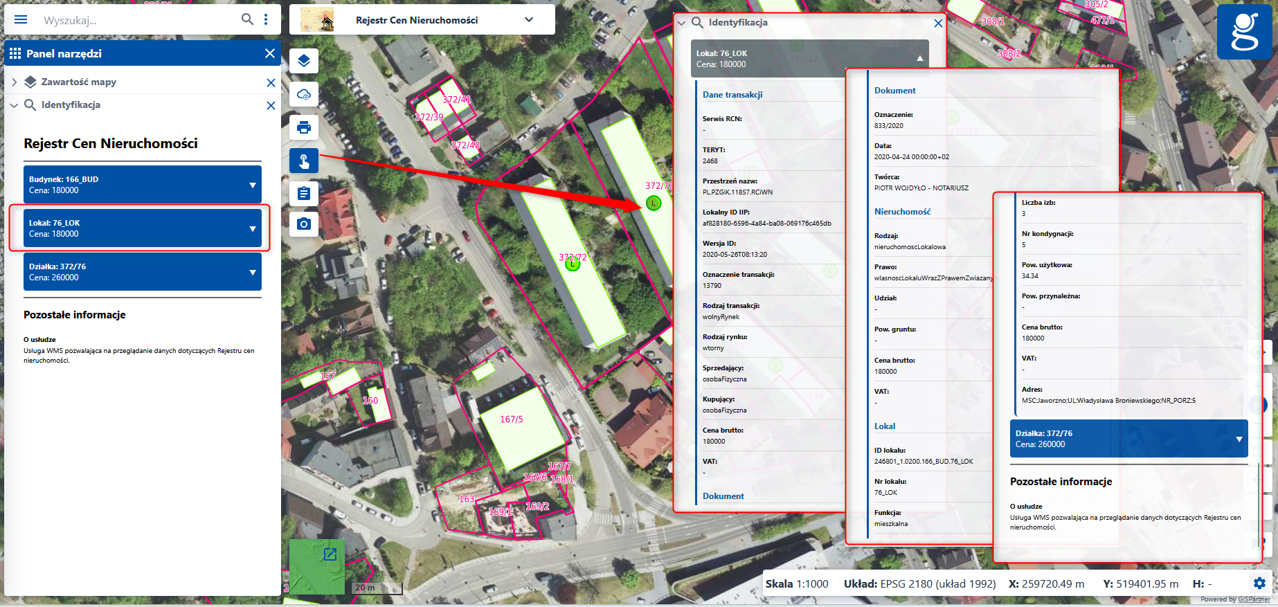 zrzut z serwisu www.geoportal.gov.pl przedstawiający możliwość przeglądania atrybutów RCN bezpośrednio w serwisie www.geoportal.gov.pl