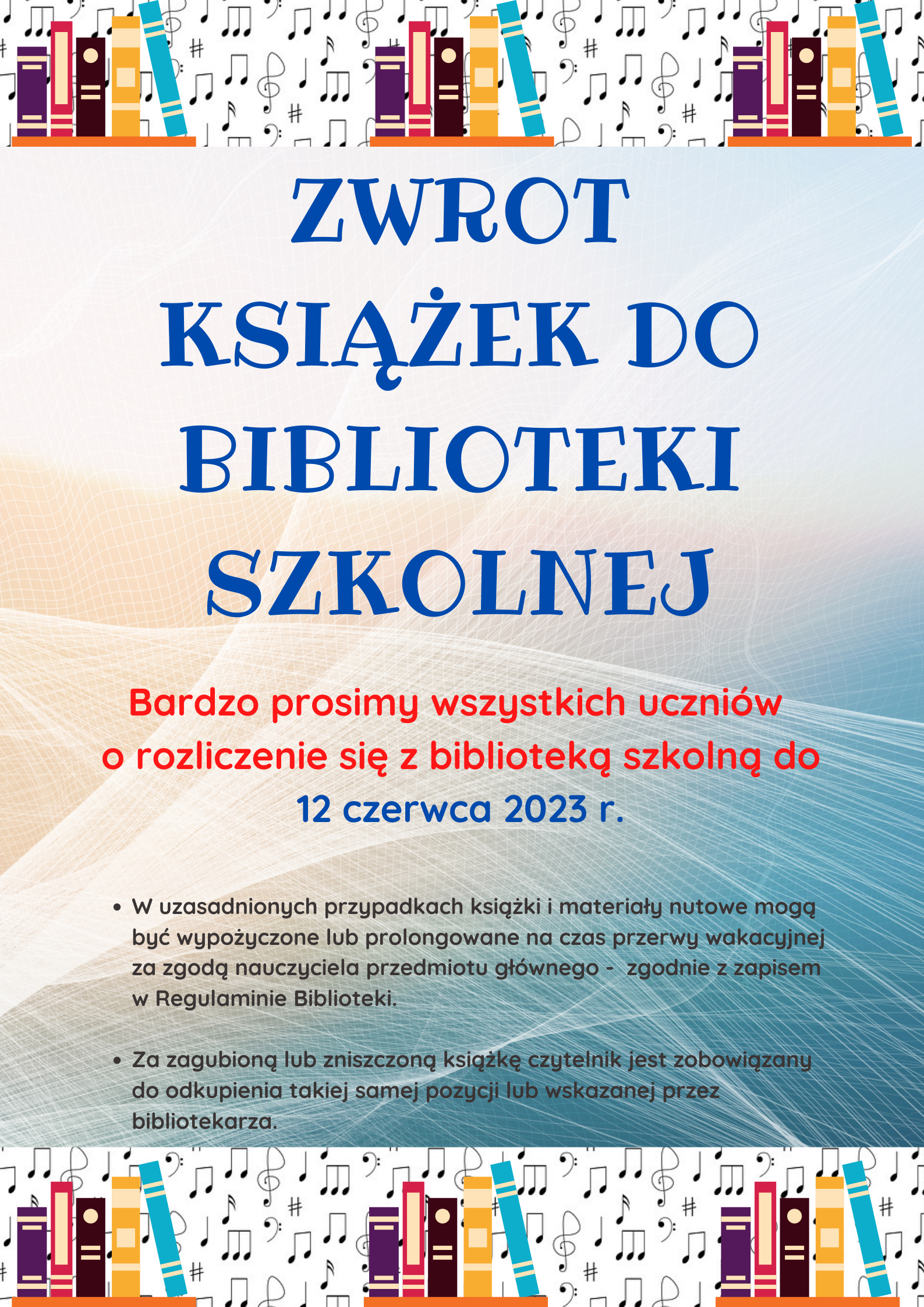plakat z informacjami na temat zwrotów książek
