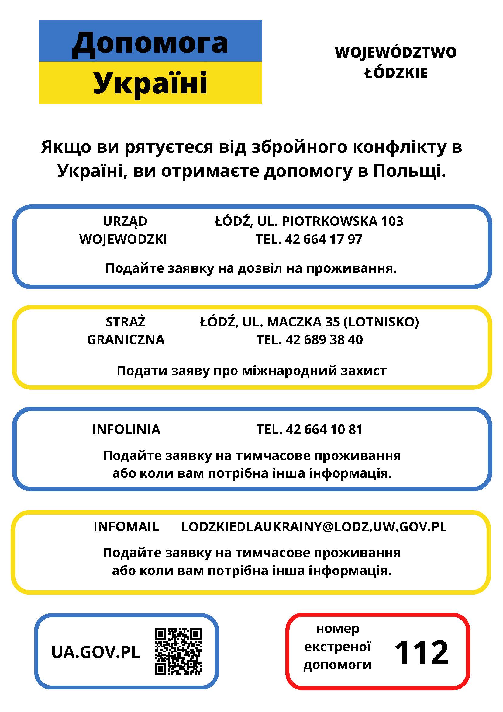 "grafika z napisami w języku ukraińskim zawierająca dane urzędu wojewódzkiego, straży granicznej i infolinii"