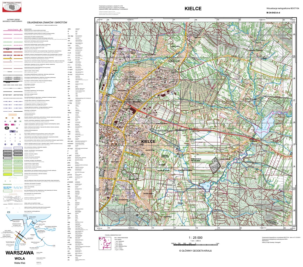 Ilustracja przedstawia zrzut ekranu z przykładową wizualizacją kartograficzną BDOT10k w skali 1 25 000 dla obszaru woj. świętokrzyskiego