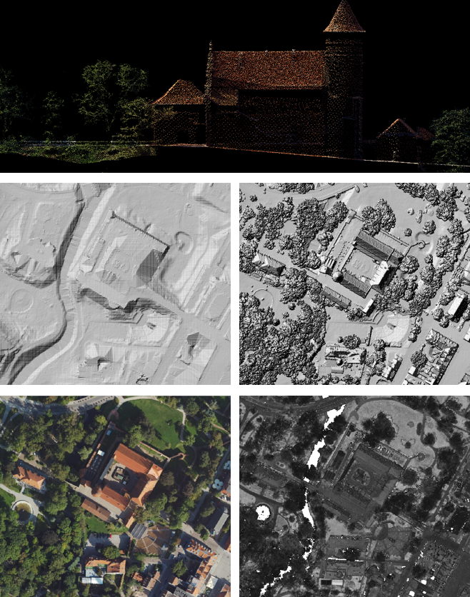 Ilustracja prezentuje chmurę punktów, NMT, NMPT, ortofotomapę i obrazy intensywności