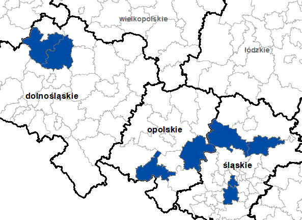Ilustracja przedstawia obszary powiatów objętych aktualizacją zbiorów danych BDOT10k.