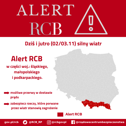 Alert RCB 2/3 listopada – silny wiatr.