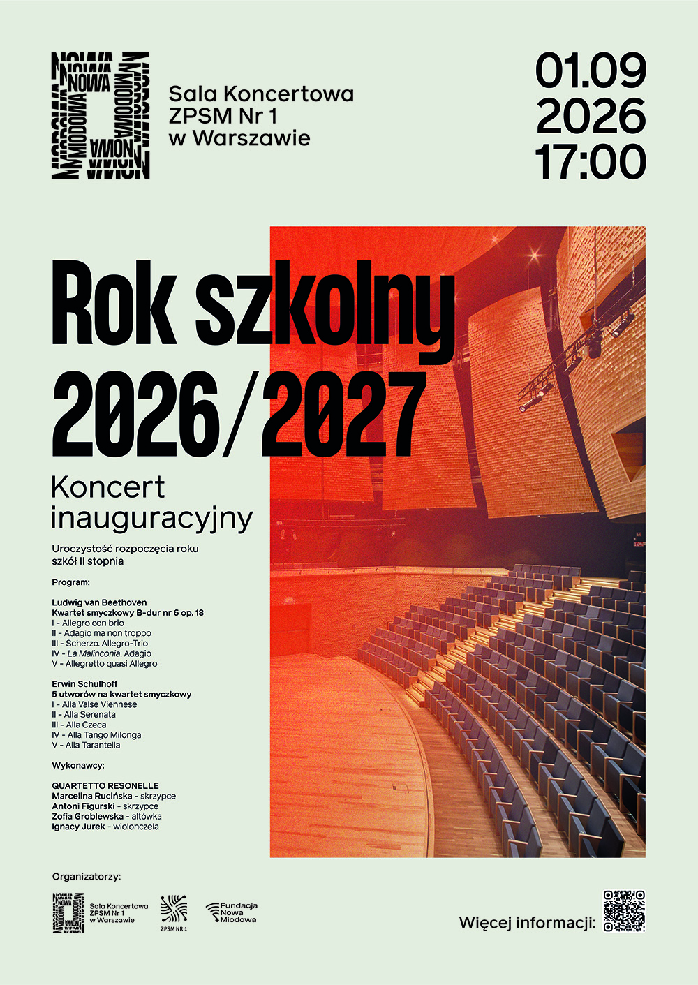 Plakat: Koncert inauguracyjny – rozpoczęcie roku szkolnego 2026/2027, 01.09.2026, godz. 17:00. Beethoven i Schulhoff w wykonaniu kwartetu QUARTETTO RESONELLE. Sala Koncertowa ZPSM Nr 1 w Warszawie.