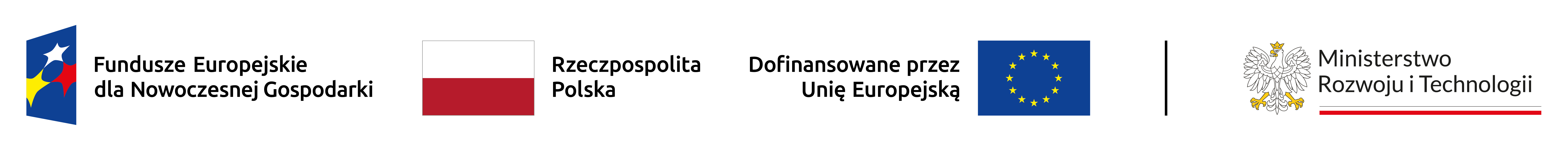 ciąg 4 logotypów, 1 logo niebieski prostokąt z 3 gwiazdkami w kolorach biały, żółty, czerwony, po prawej stronie napis Fundusze Europejskie dla Nowoczesnej Gospodarki, 2 logo flaga biało-czerwona Polski z napisem Rzeczpospolita Polska, 3 logo niebieski prostokąt z żółtymi gwiazdkami z napisem dofinansowane przez Unię Europejską, 4 logo biały orzeł z napisem Ministerstwo Rozwoju i Technologii