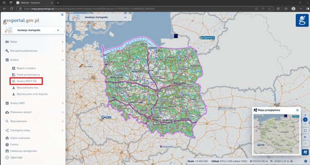 Ilustracja prezentuje lokalizację narzędzia Analizy BDOT10k w module Geodezja i Kartografia.