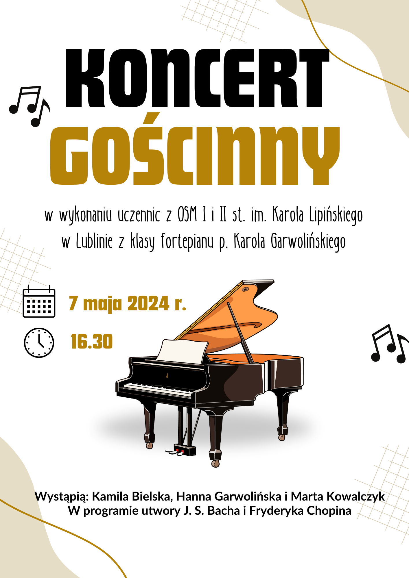 Plakat ze szczegółami koncertu na białym tle z grafiką fortepianu