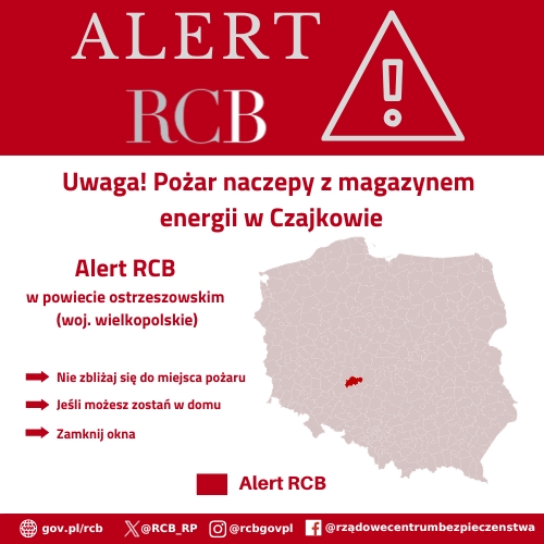 Grafika dot. alertu rcb w związku z pożarem magazynu energii w powiecie ostrzeszowskim