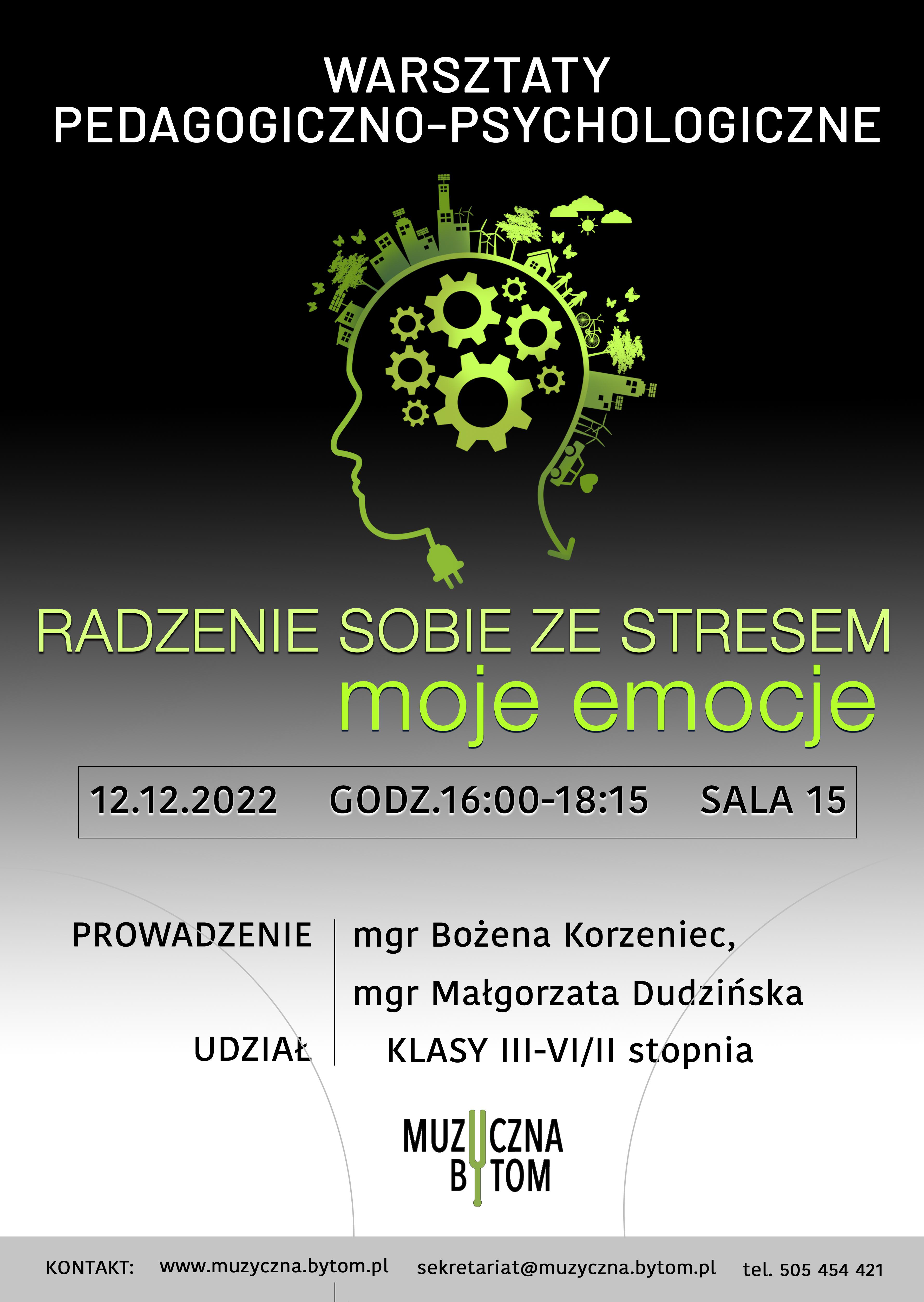 Plakat w kolorze czarnym (góra) przechodzący płynnie w jasno szary. Na górze opis wydarzenia, w części środkowej duży napis asertywność, u dołu teks opisujący kto prowadzi wykład, które klasy biorą w nim udział oraz miejsce wydarzenia. W centralnej części plakatu rysunek przedstawiający profil głowy w wypełnionej trybikami obrazującymi pracę naszego umysłu.