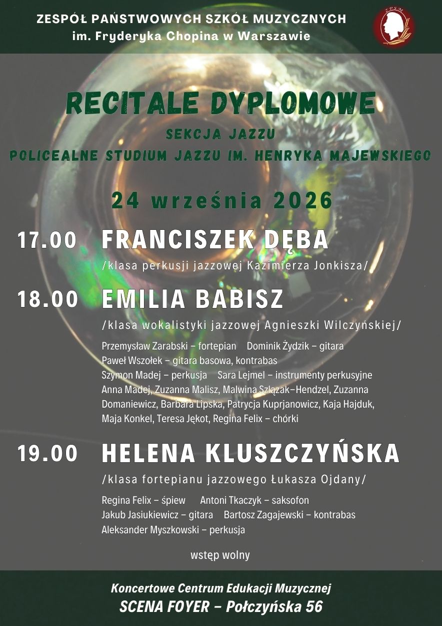 Afisz - Dyplomy uczniów Sekcji Jazzu i Policealnego Studium Jazzu, 24 września 2026 r.