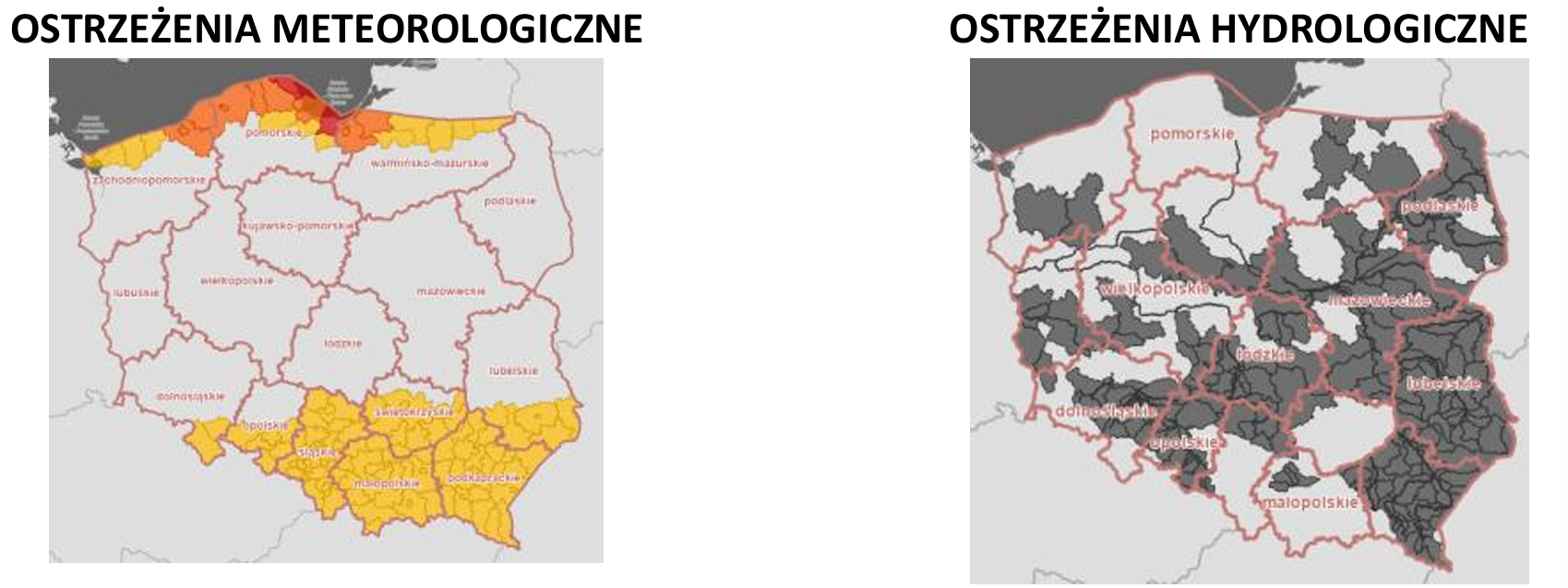 Mapa ostrzeżeń meteorologicznych i hydrologicznych RCB z 7 lipca 2026 roku