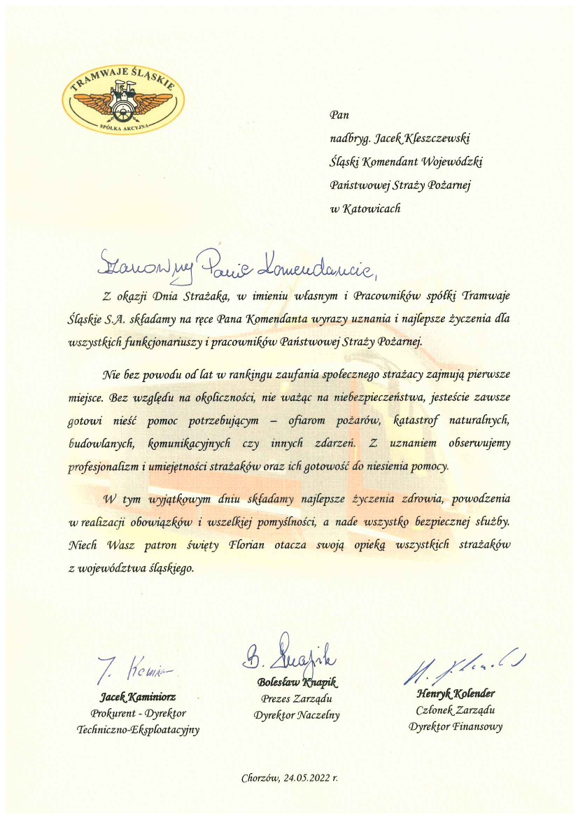 Życzenia od Prezesa Zarządu Tramwajów Śląskich S.A. 
