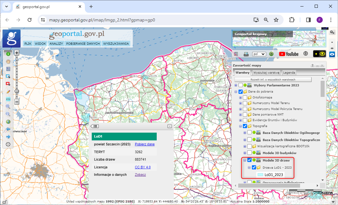 zrzut przedstawia sposób pobierania modeli 3D drzew w serwisie www.geoportal.gov.pl 