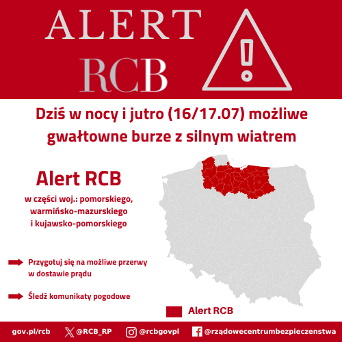 "Uwaga! Dziś i jutro (16/17.07) możliwe gwałtowne burze z silnym wiatrem. Przygotuj się na możliwe przerwy w dostawie prądu. Śledź komunikaty pogodowe.”
