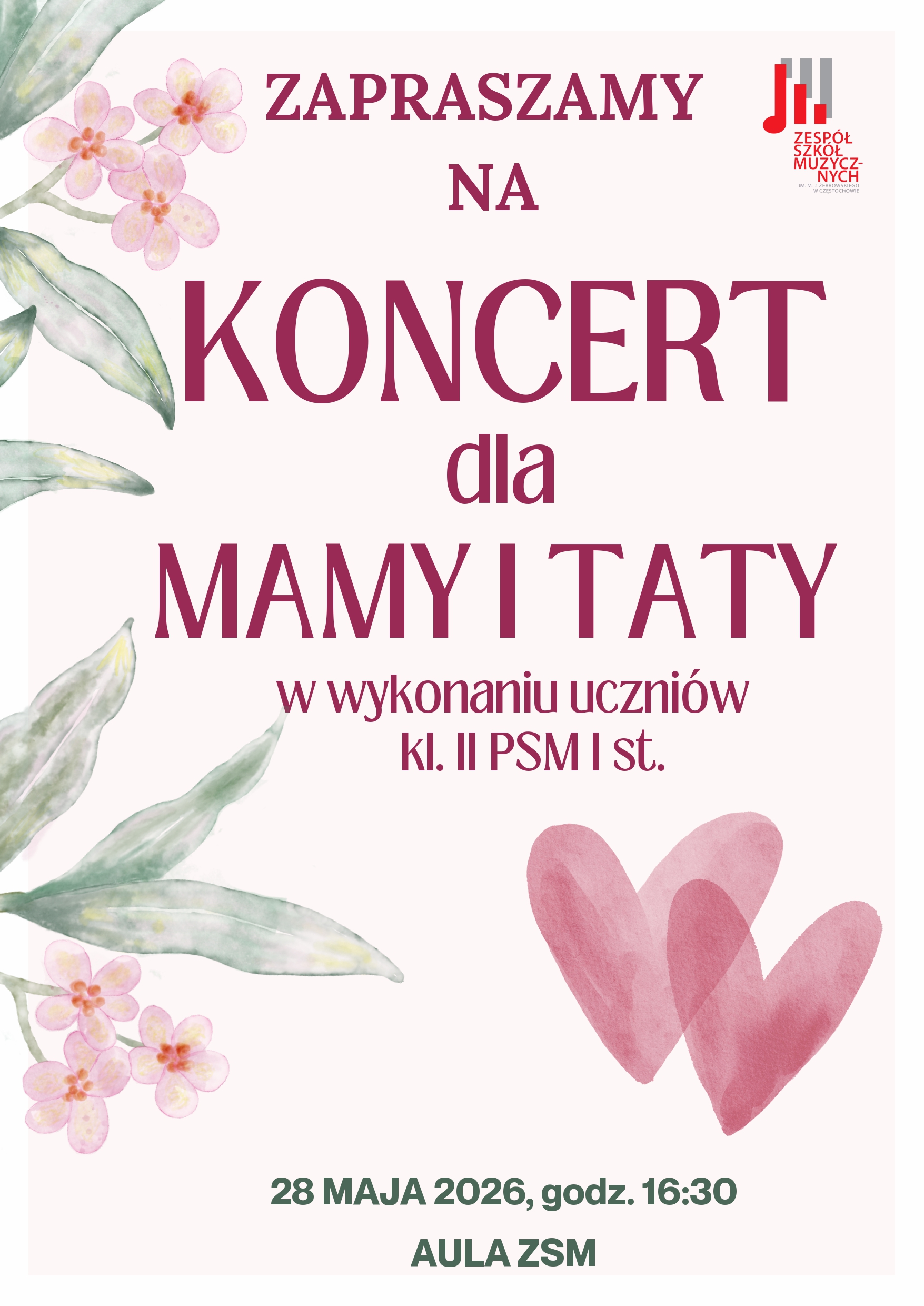 Różowe tło z namalowanymi kwiatami, tekst dotyczący koncertu dla mamy i taty 