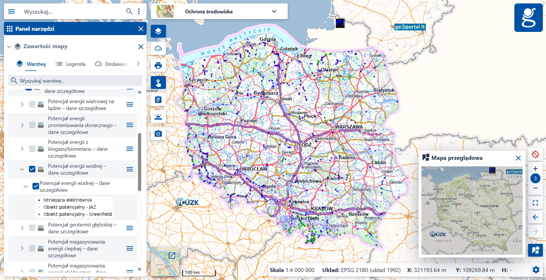 Zrzut ekranu z serwisu www.geoportal.gov.pl, prezentujący nową usługę "Potencjał energii wodnej – dane szczegółowe"