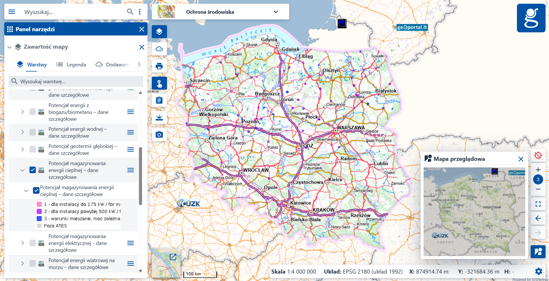 Zrzut ekranu z serwisu www.geoportal.gov.pl, prezentujący nową usługę "Potencjał magazynowania energii cieplnej – dane szczegółowe"