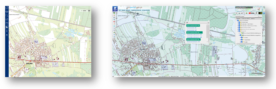 Ilustracja przedstawia zaktualizowany zbiór danych BDOT10k dla powiatu konińskiego w Portalu BDOT10k oraz w usłudze Baza Danych Obiektów Topograficznych