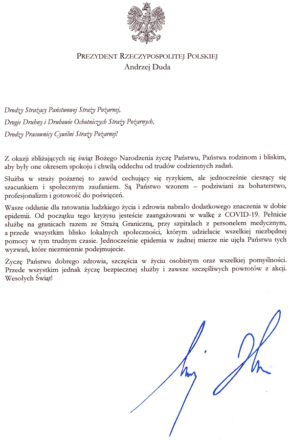 Życzenia Prezydenta RP Andrzeja Dudy dla Państwowej Straży Pożarnej i Ochotniczej Straży Pożarnej.