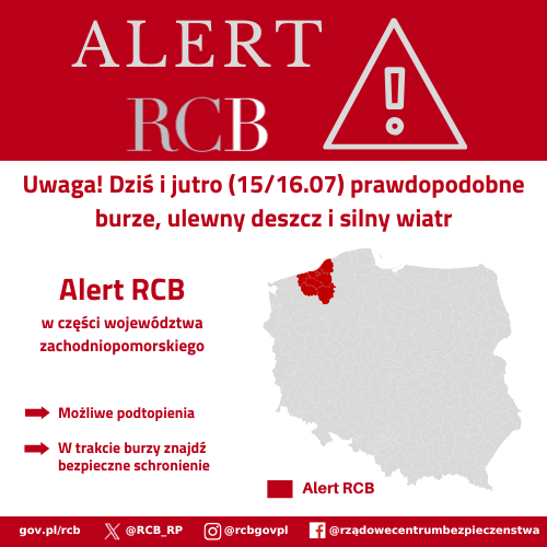 "Uwaga! Dziś i jutro (15/16.07) prawdopodobne burze, ulewny deszcz i silny wiatr. Możliwe podtopienia. W trakcie burzy znajdź bezpieczne schronienie."