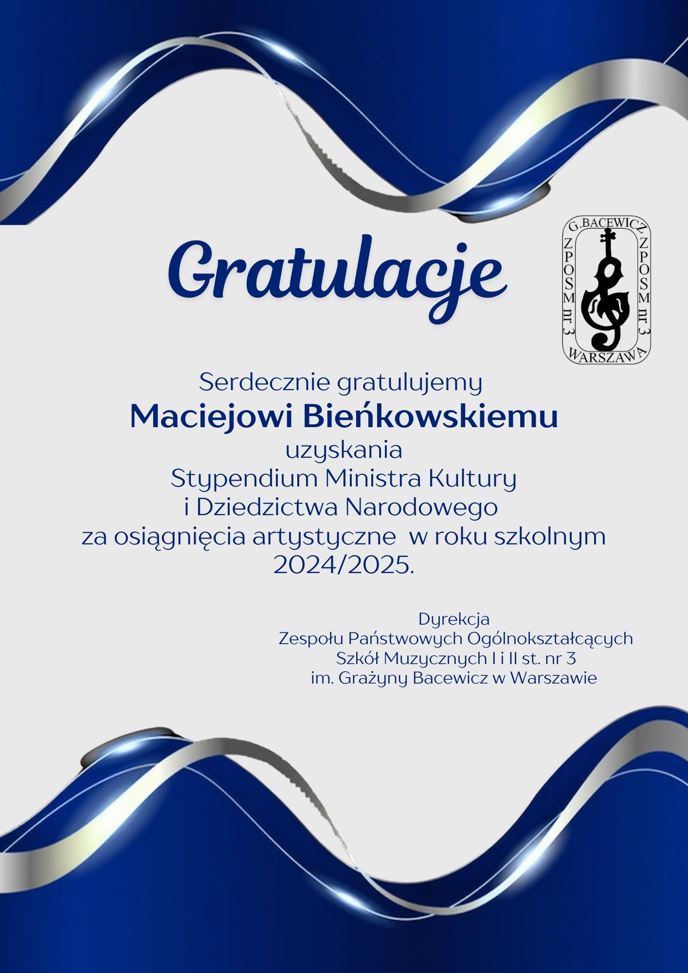 Dyplom gratulacyjny od dyrekcji dla Macieja Bieńkowskiego
