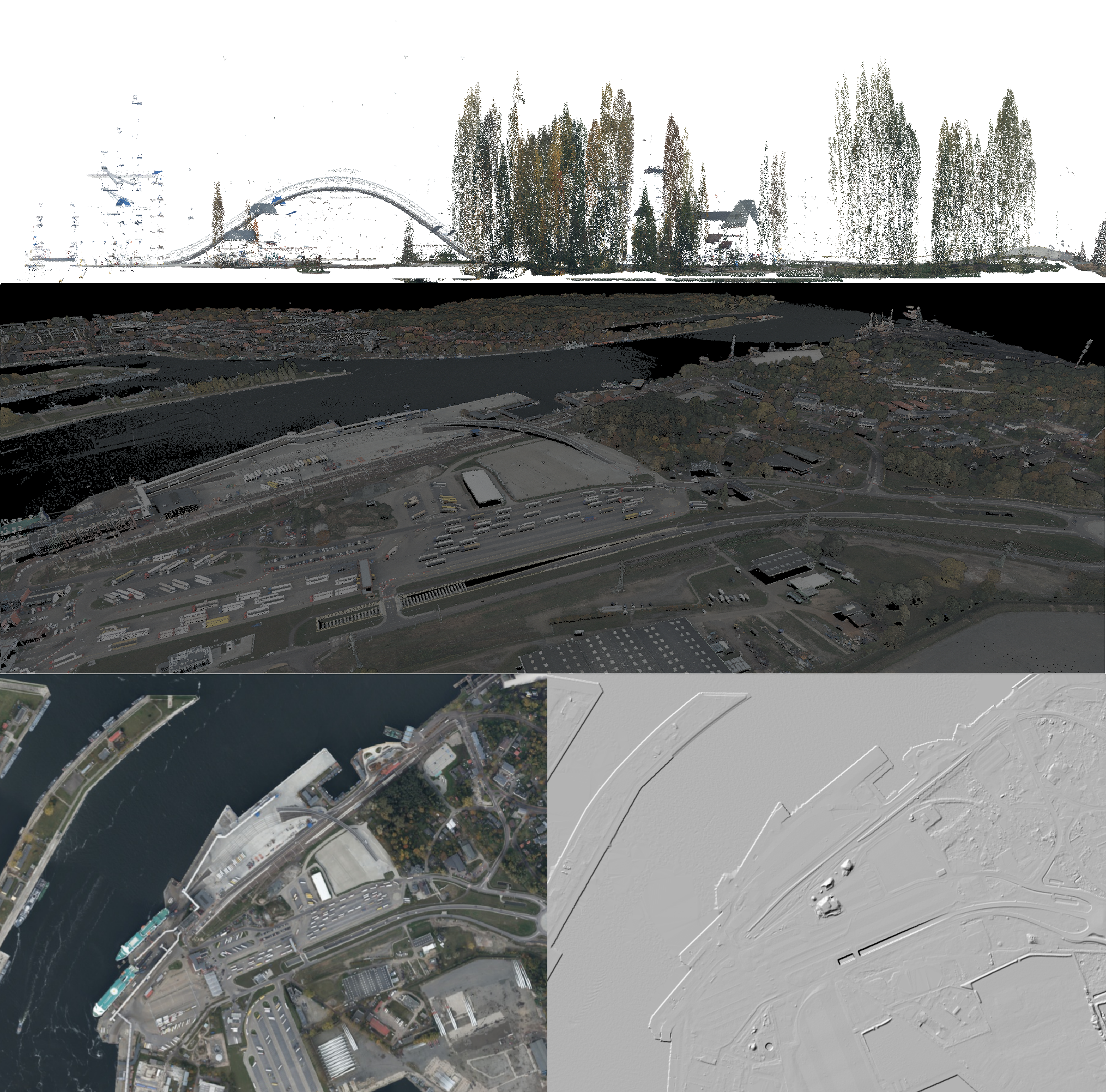 Ilustracja przedstawia dane fotogrametryczne - zrzut z przekroju chmury punktów, zrzut z chmury punktów, zrzut numerycznego modelu terenu, zrzut ortofotomapy