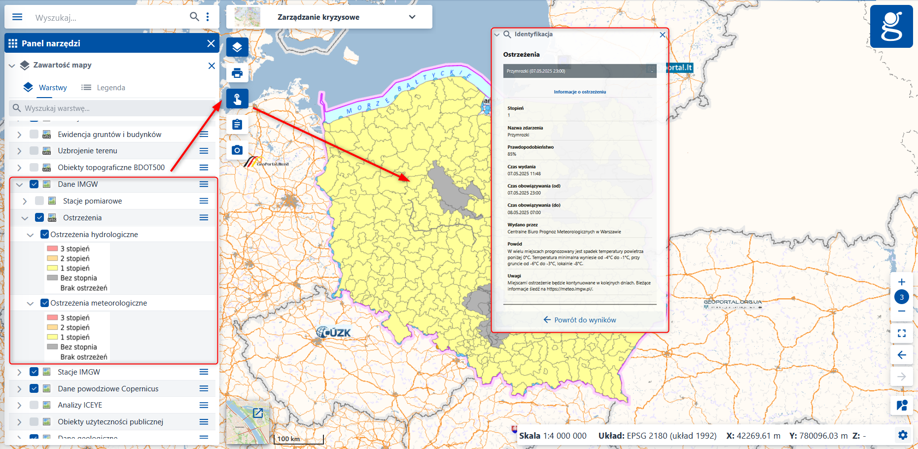 Ilustracja przedstawia dane z warstwy "Ostrzeżenia"