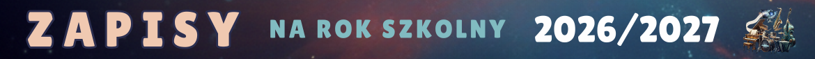 Baner z napisem ZAPISY NA ROK SZKOLNY 20262027 na tle w odcieniach granatu i kosmicznego motywu; po prawej stronie mała ilustracja szkolna (książki i elementy edukacyjne