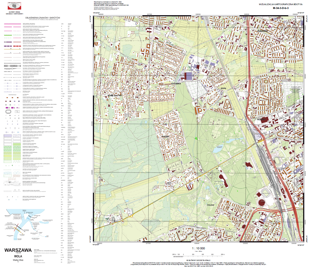 Ilustracja przedstawia przykładową wizualizację kartograficzną BDOT10k w skali 1:10000 dla województwa łódzkiego.