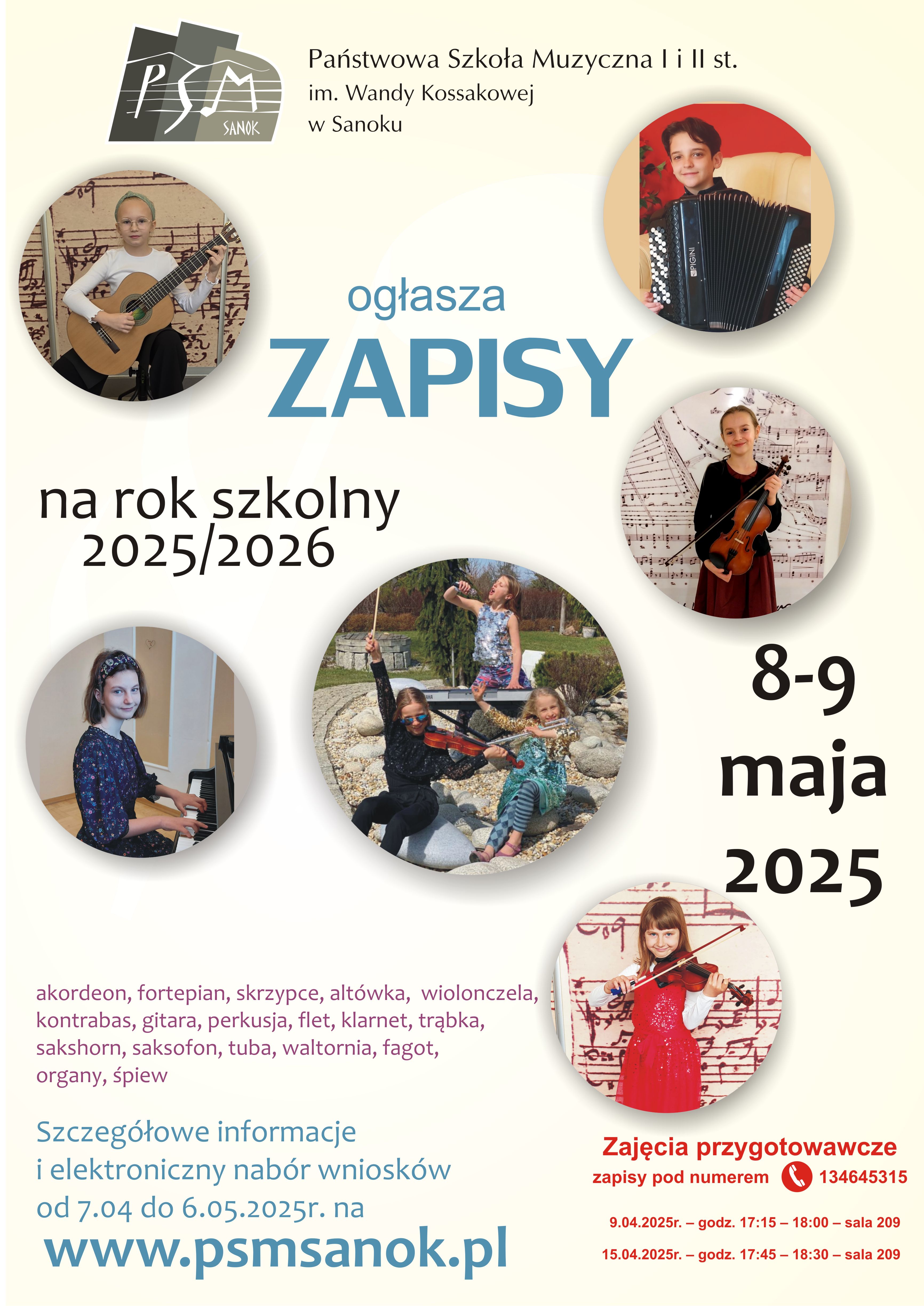 Plakat - zapisy do szkoły na rok szkolny 2025/2026. Informacje o terminach trwania zapisów.. Kremowe tło, między tekstem uczniowie szkoły z instrumentami