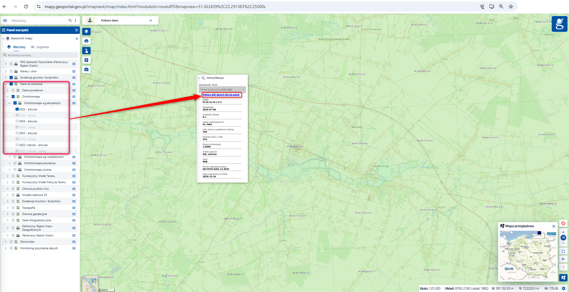 Ilustracja przedstawia zrzut ekranu w jaki sposób pobrać arkusze ortofotomapy z geoportal.gov.pl
