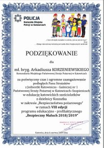 Podziękowanie dla mł. bryg. Arkadiusza Korzeniweskiego za poświęcony czas i ogromne zaangażowanie w edukację sześciolatków z dzielnicy Koszutka 