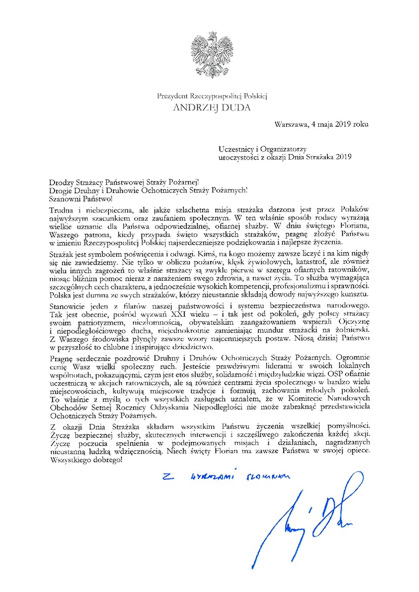 List Prezydenta Rzeczpospolitej Polskiej Adrzeja Dudy dla strażaków.