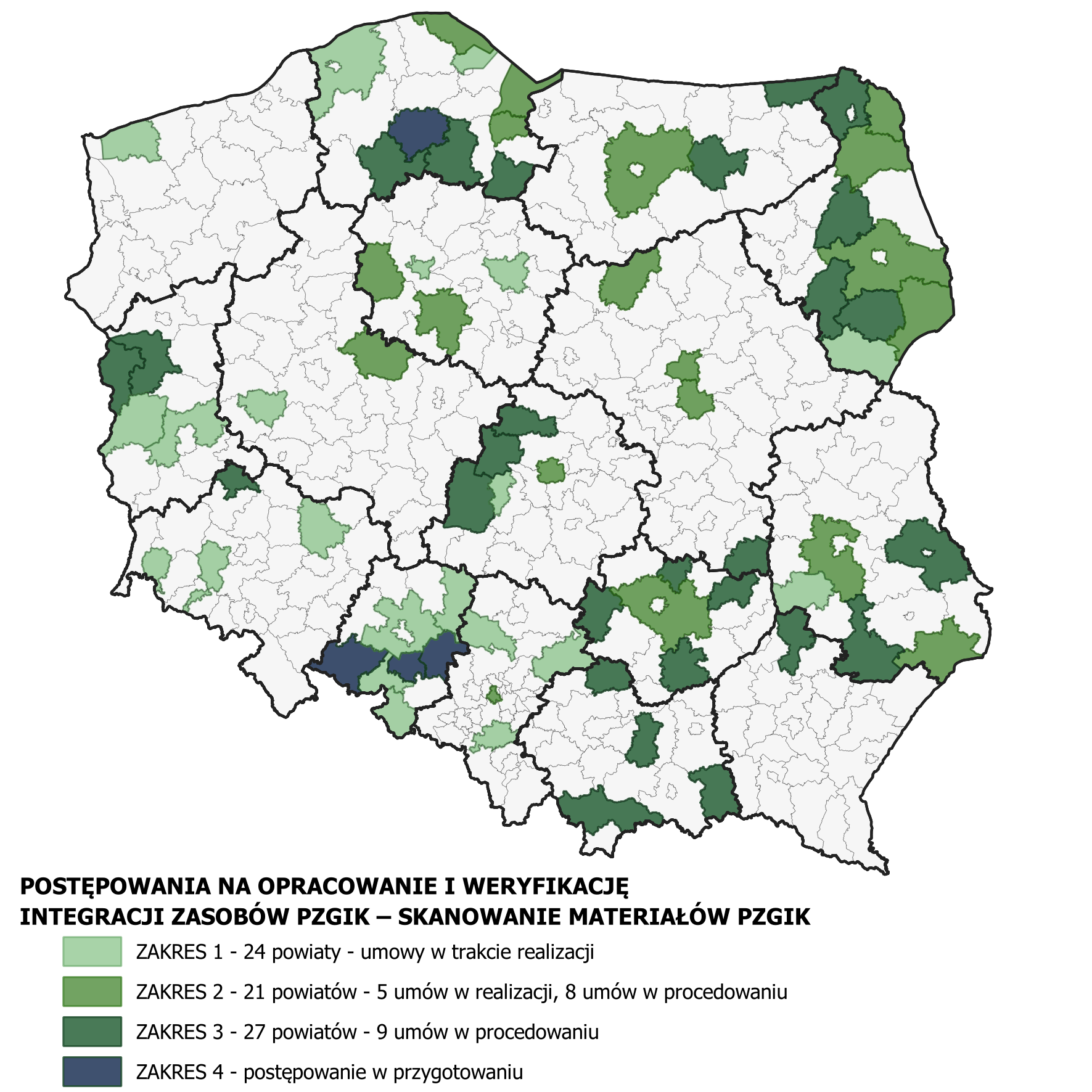 Rysunek przedstawia stan realizacji zamówień na opracowanie i weryfikację zasobów pzgik - skanowanie materiałów pzgik