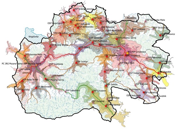 Rycina nr 2 – obszary dla których czas przybycia do miejsca zdarzenia pierwszych SIŚ KSRG wynosi do 15 minut