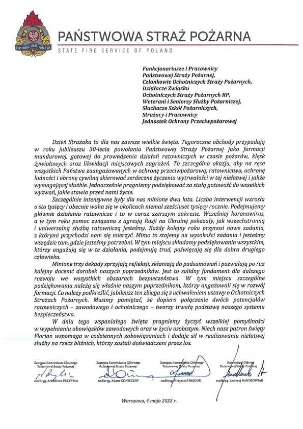 Życzenia Komendanta Głównego PSP z okazji Dnia Strażaka