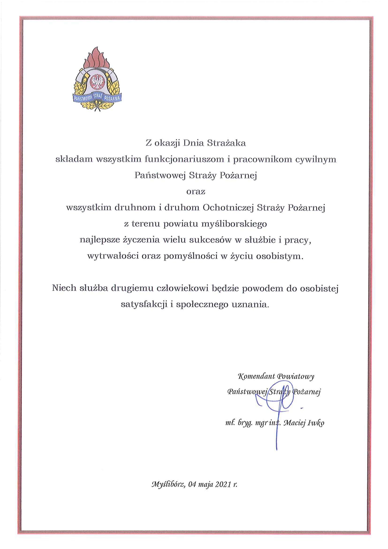 Życzenia Komendanta Powiatowego PSP