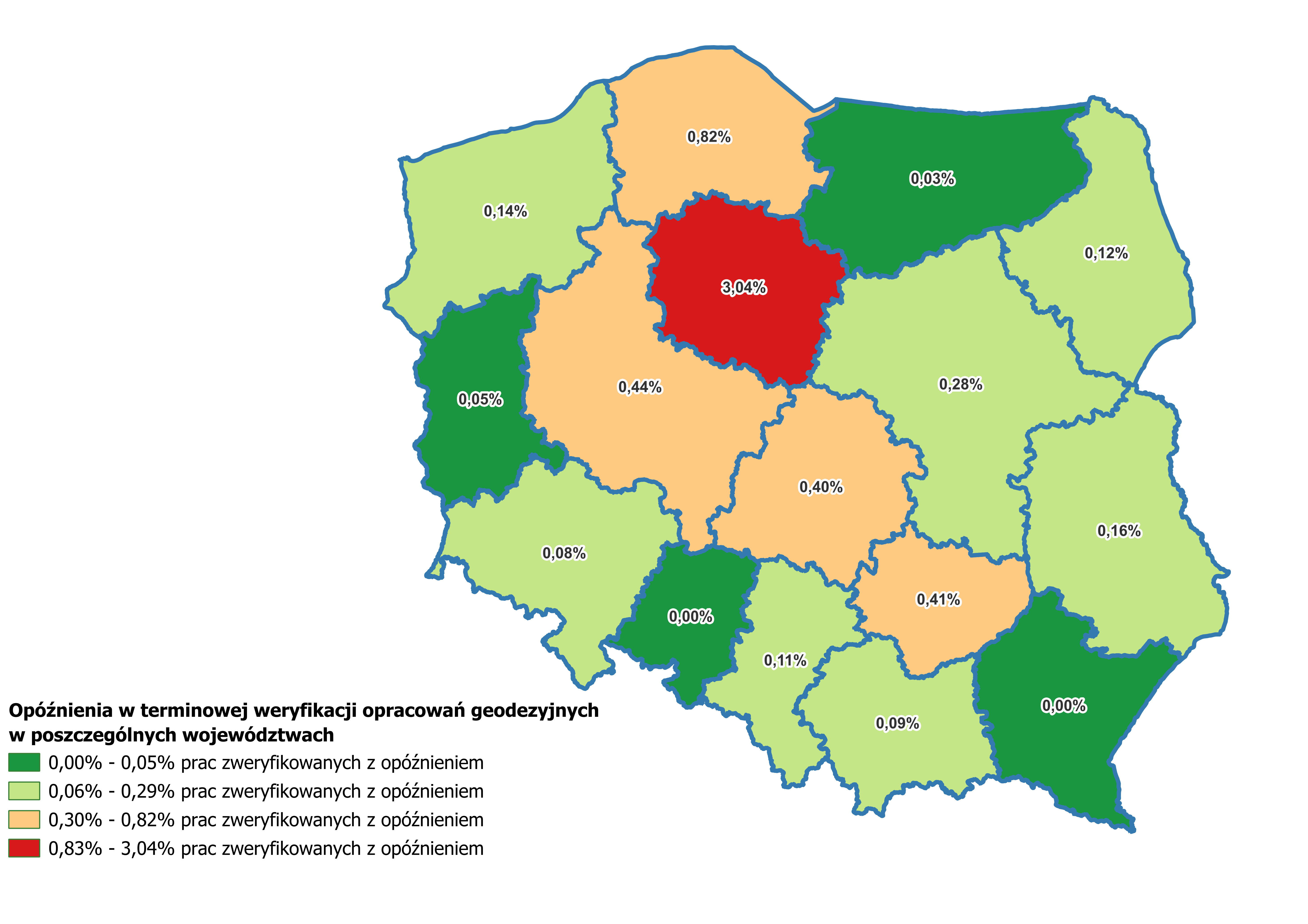 Ilustracja przedstawia mapę Polski obrazującą opóźnienia w terminowej weryfikacji opracowań geodezyjnych w poszczególnych województwach IV kwartał 2025 roku. Kolorystyka została zróżnicowana stopniowo, począwszy od koloru zielonego oznaczającego najmniejsze opóźnienia, zakończywszy na kolorze czerwonym oznaczającym największe opóźnienia.
