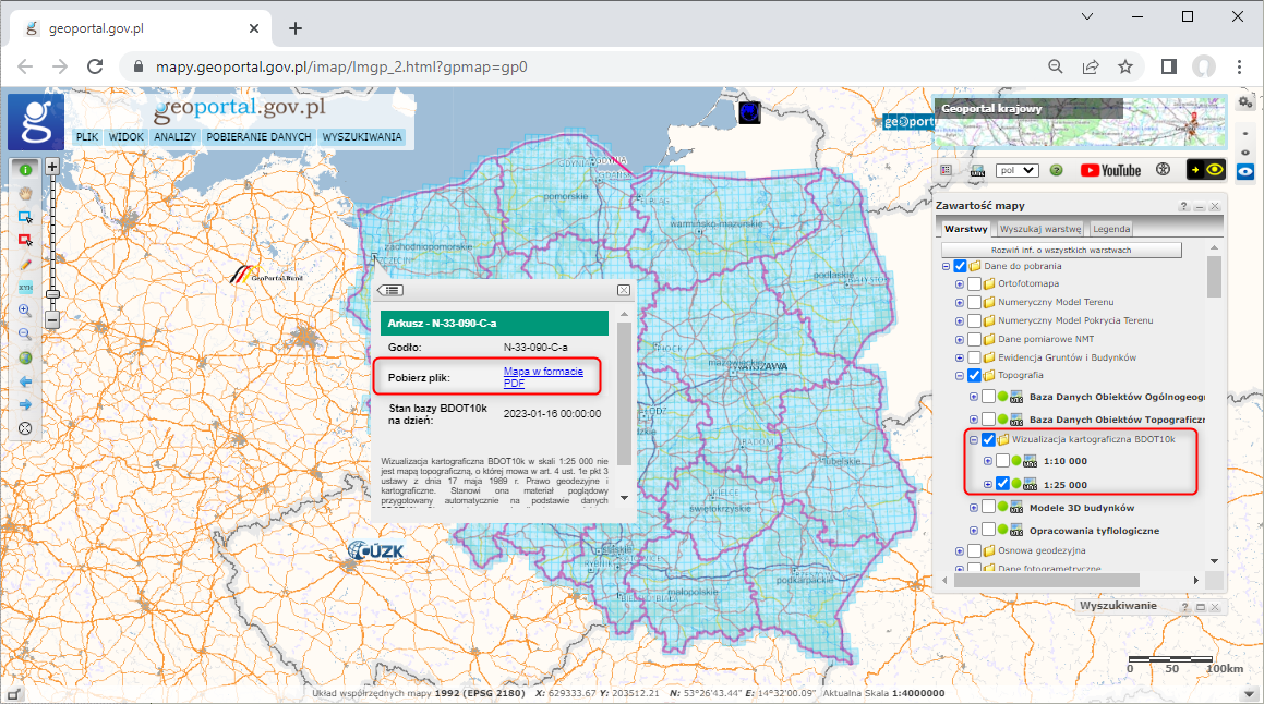 ilustracja przedstawia zrzut z serwisu www.geoportal.gov.pl pokazujący sposób pobierania wizualizacji kartograficznych BDOT10k