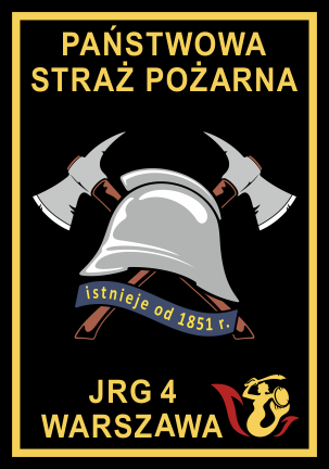 Logo w kształcie czarnej tarczy ze złotym konturem. W górnych narożnikach znajduje się flaga Polski oraz złota sylwetka Syrenki Warszawskiej. Centralną część loga tworzy hełm strażacki za którym znajdują się skrzyżowane topory strażackie. Pod hełmem na niebieskiej wstędze jest napis istnieje od 1851 r. Wokół jest napis Jednostka Ratowniczo-Gaśnicza JRG 4 Warszawa. r.