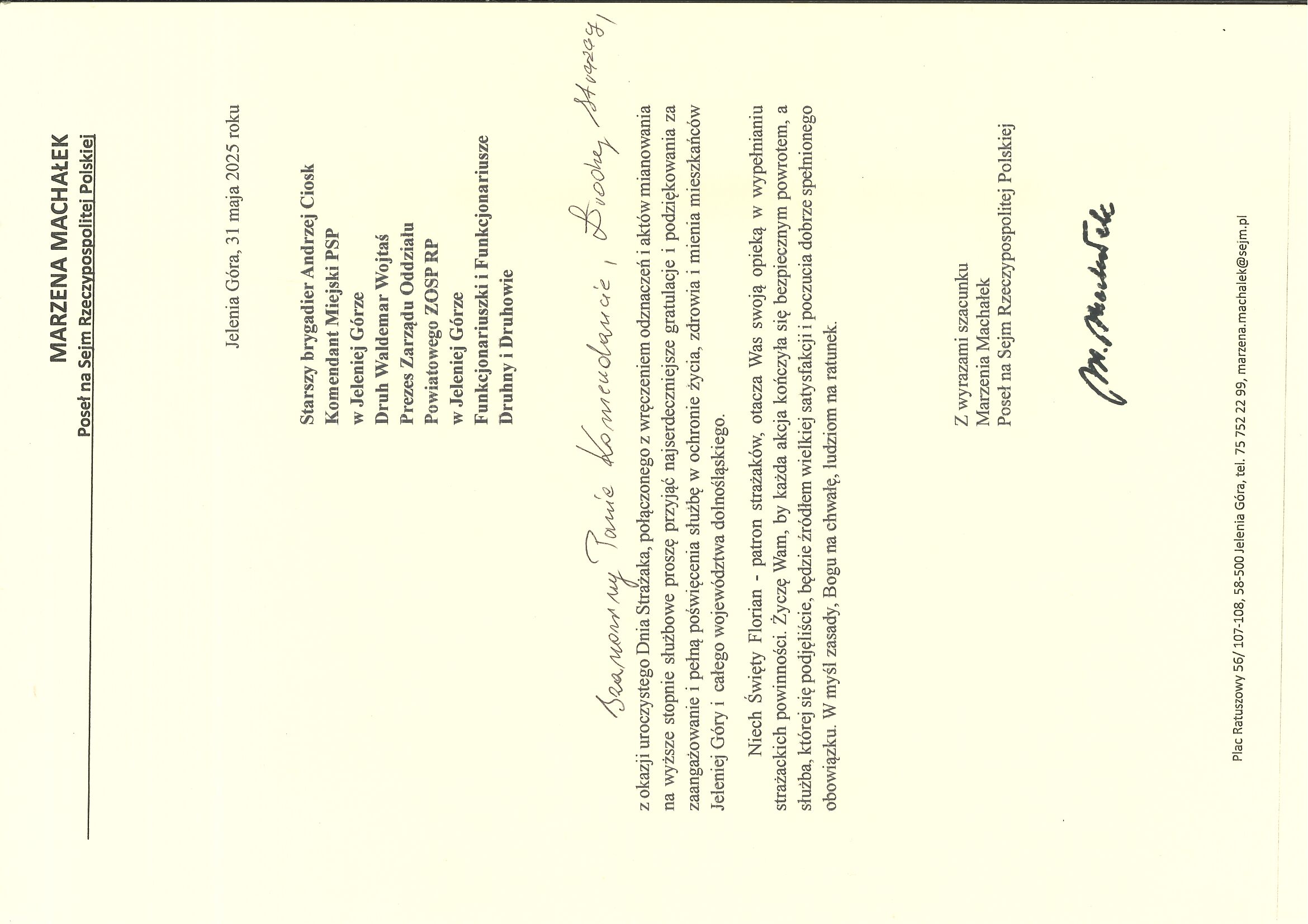 Podziękowania od Posłanki Marzeny Machałek