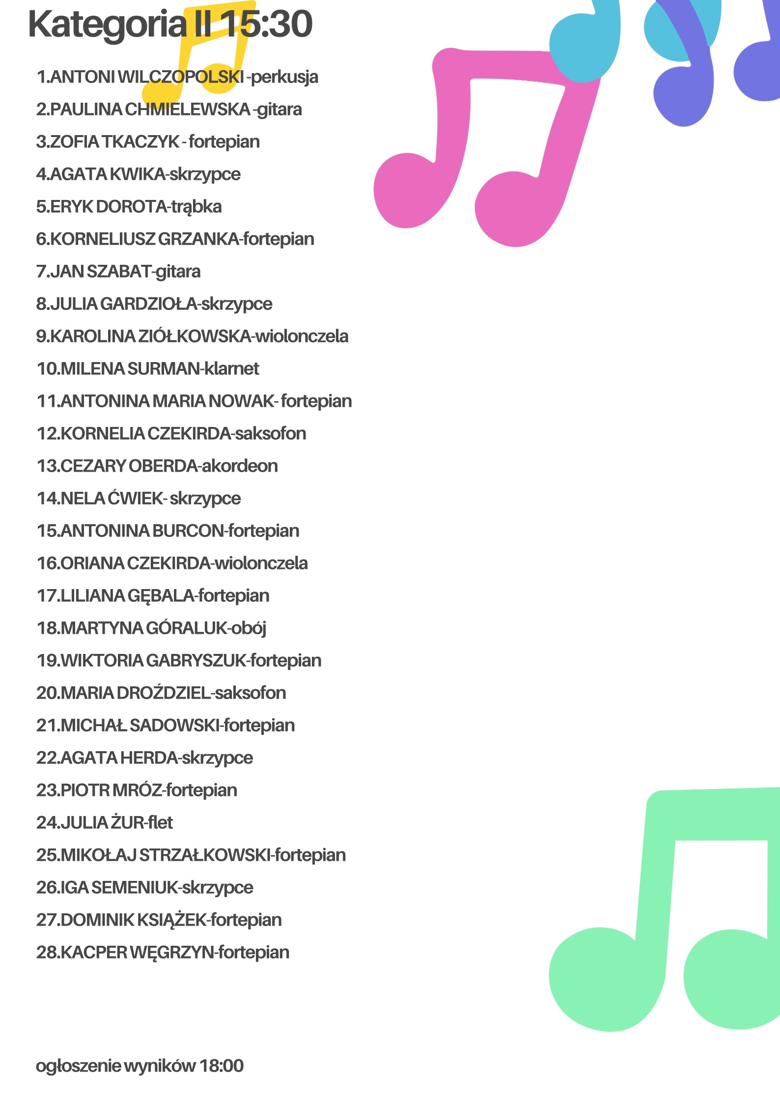 na białym tle grafika z kolorowymi nutami, które są rozrzucone nieregularnie od góry do prawego dołu, na białym tle informacja o kolejności występujących uczestników