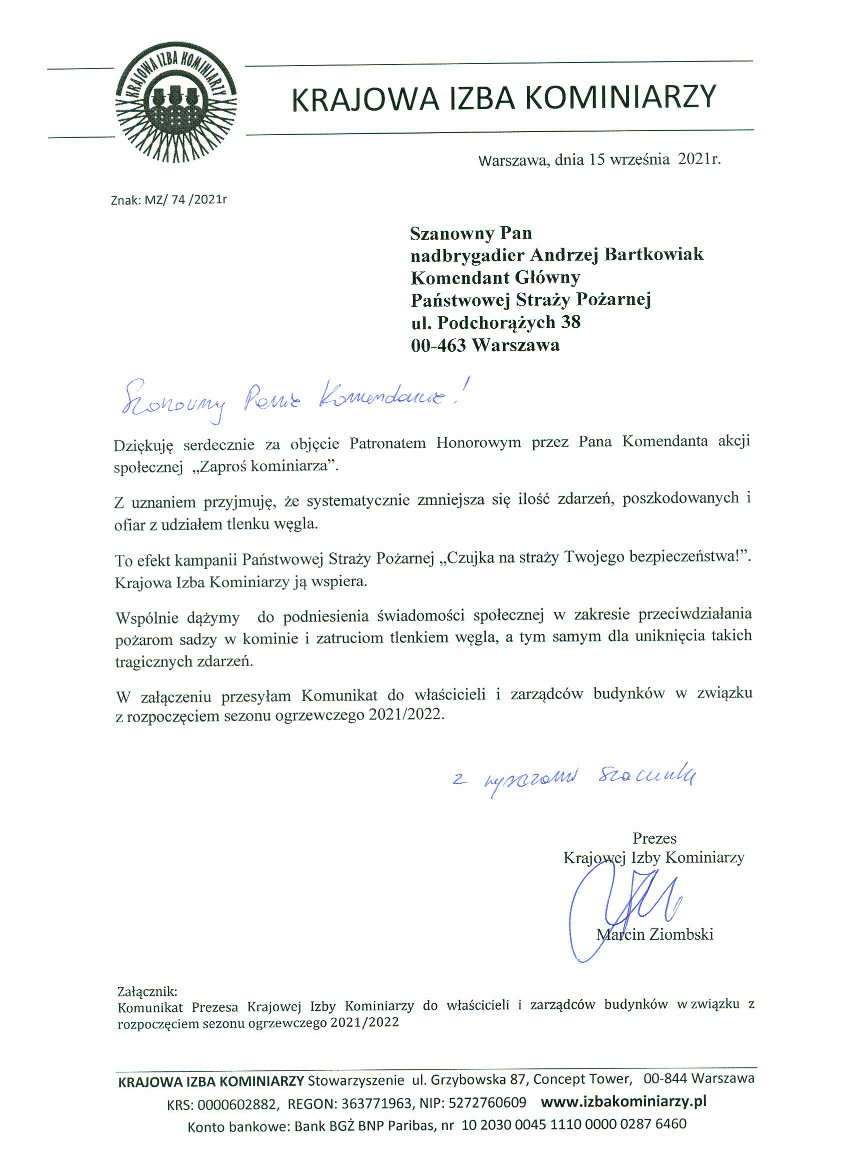 Pismo Krajowa Izba Kominairzy 