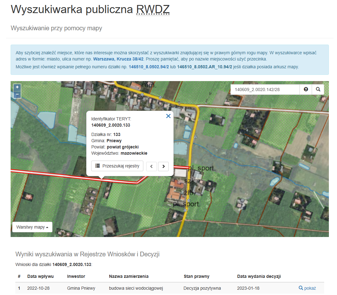 zrzut ekranu z Wyszukiwarki publicznej RWDZ ze strony https://wyszukiwarka.gunb.gov.pl/mapa/