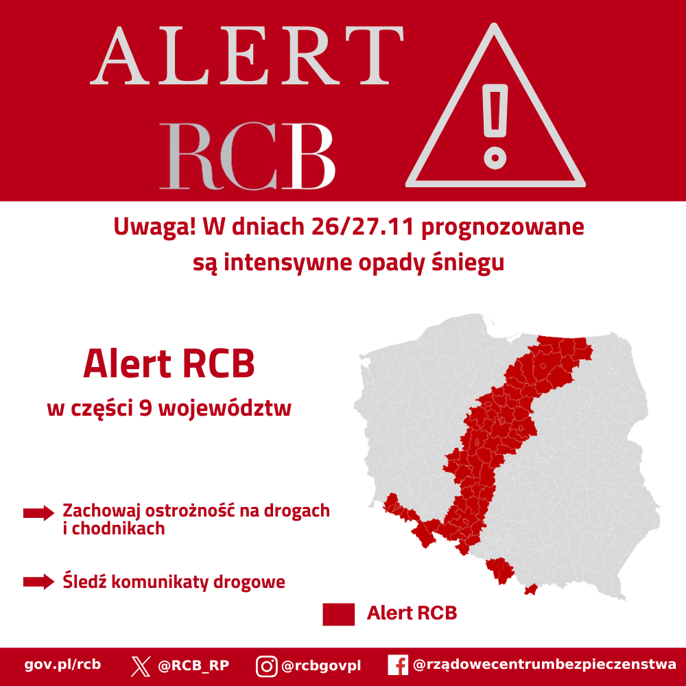 Alert RCB o treści: "Uwaga! W dniach 26/27.11 prognozowane są intensywne opady śniegu. Zachowaj ostrożność na drogach i chodnikach. Śledź komunikaty pogodowe."