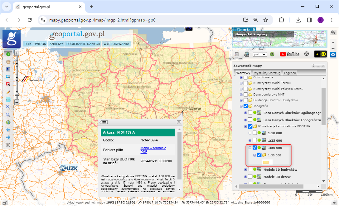 Ilustracja przedstawia zrzut ekranu z serwisu www.geoportal.gov.pl prezentujący sposób pobierania wizualizacji kartograficznych BDOT10k