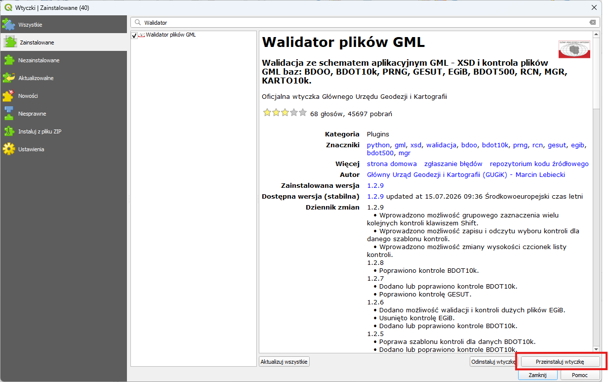 Ilustracja przedstawia sposób instalacji wtyczki Walidator plików GML w oprogramowaniu QGIS
